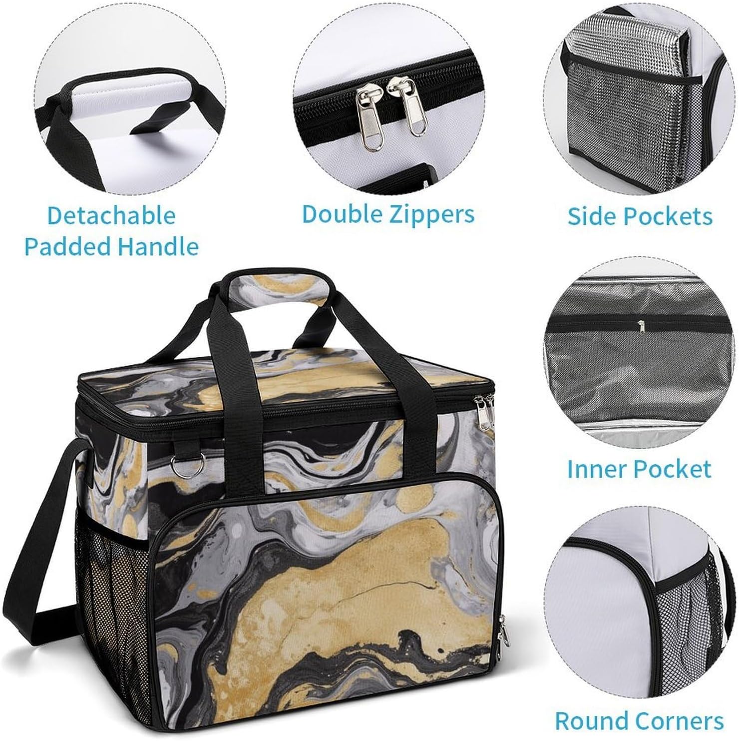 Insulated Picnic Backpack Tote Bag, Large Capacity 30L Black Golden Marble Ink Cooler Bag Leakproof Beach Bags Portable Lunch Box Waterproof Picnic Basket for Beach Camping BBQ