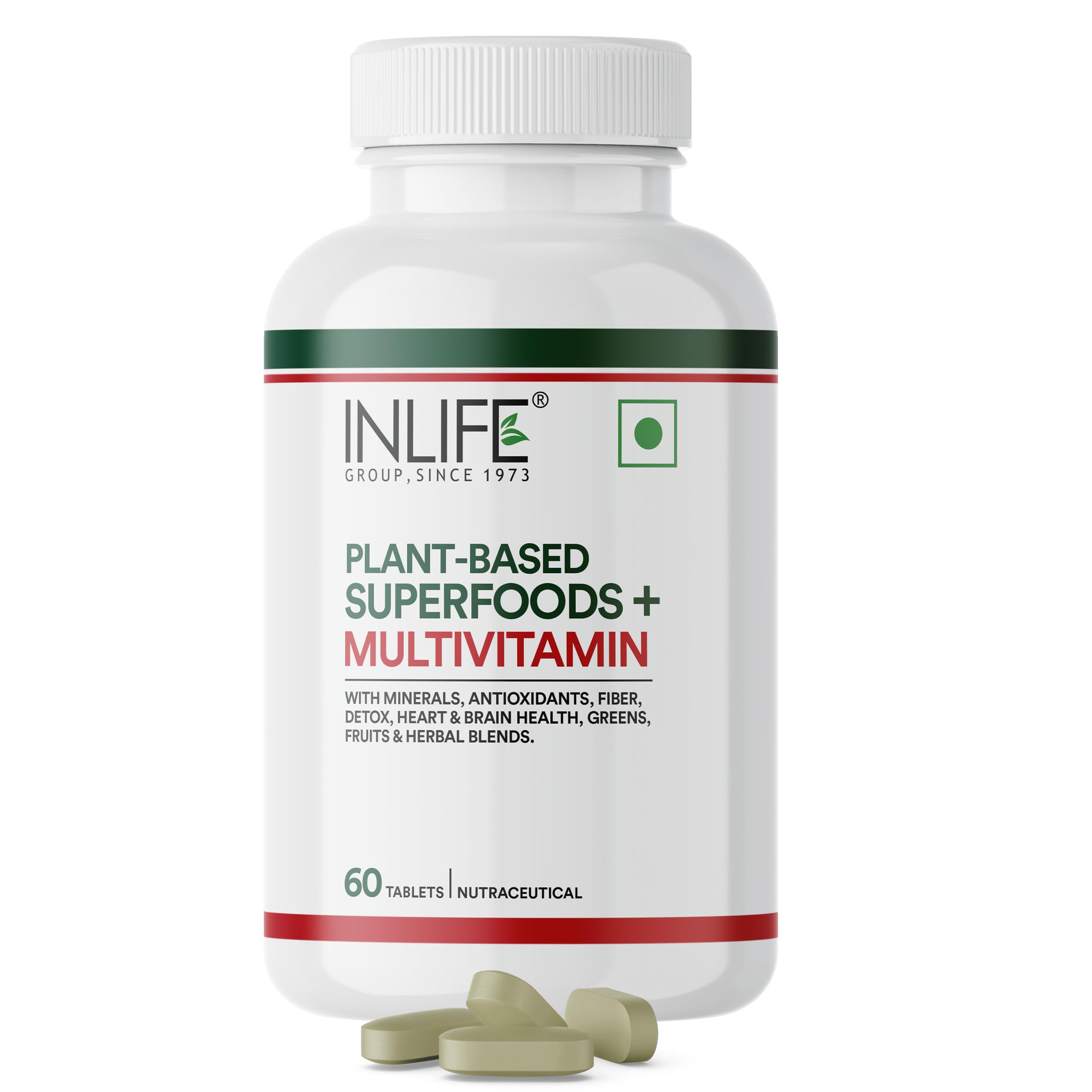 Plant Based Multivitamin Tablets for Men & Women | 75+ Ingredients with Vitamins B12, D3, Superfoods, Greens, Vegetables, Fruits & Herbs Supplement- 60 Tablets (Pack of 1)
