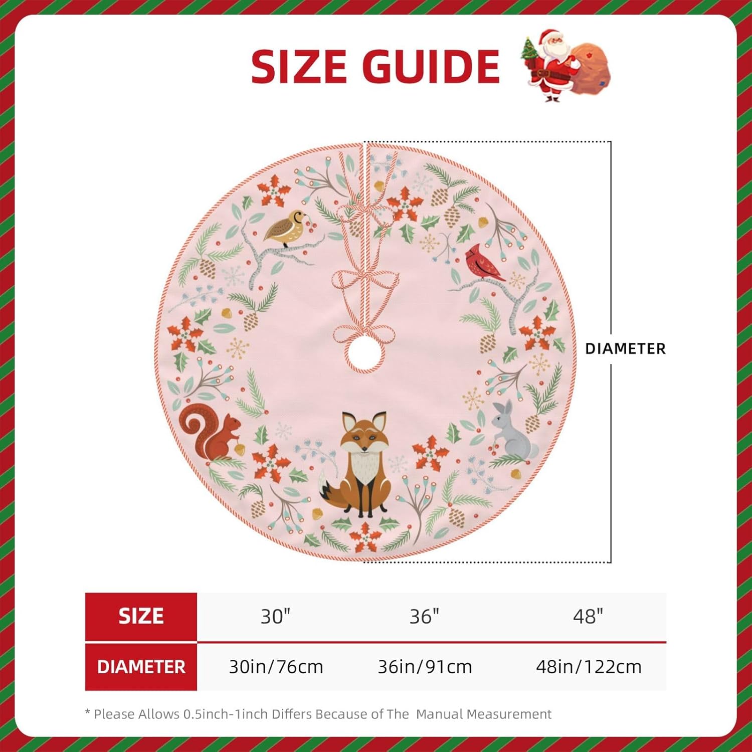 Woodland Pink Christmas Tree Skirt, Xmas Tree Mat for Christmas Decorations Holiday Party Indoor Outdoor Home Decor - 48 Inches