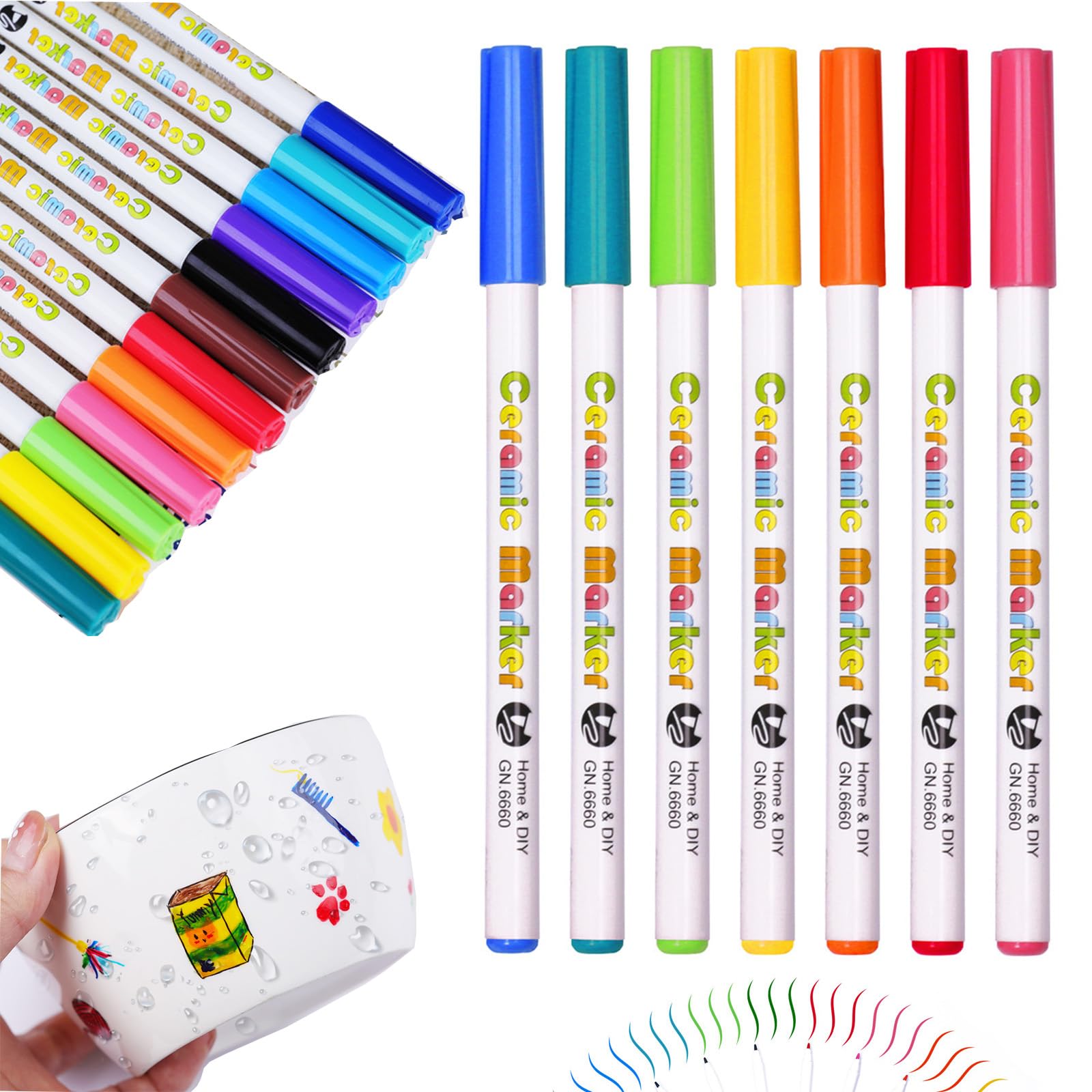 cozczyeqco Rotuladores de porcelana, lápices de cerámica, resistentes al agua, aptos para lavavajillas, 12 colores, cristal y porcelana a base de agua, para pintura, cerámica, vidrio, madera, metal,