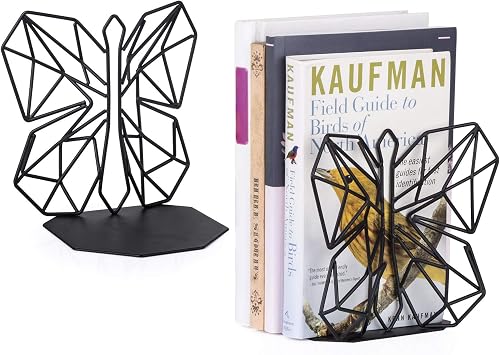 Alsonerbay Decorative Metal Butterfly Bookends for Shelves, Black, 1 Pair | Smooth rounded edges, non-slip felt base, holds books & DVDs upright, fits study office decor, ideal gift for readers