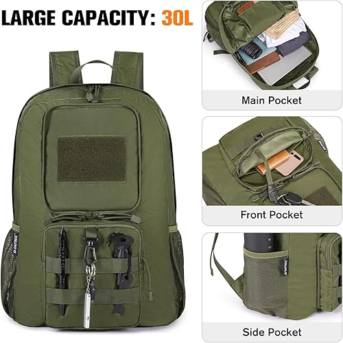 Miniatura 3 de G4Free Mochila ligera plegable de 30L para viajes de senderismo, mochila plegable resistente al agua para hombres y mujeres, Verde militar, Mediana