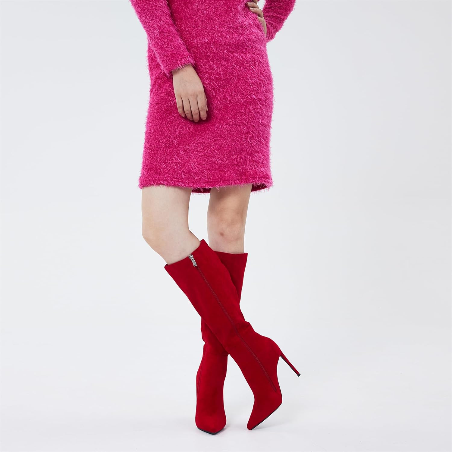 Elisabet Tang 4 inch Women's Knee High Long Boots, Stiletto Tall Pointed Toe Heeled Boot Leather Suede Comfortable Sexy Red Size 9 - Image 8