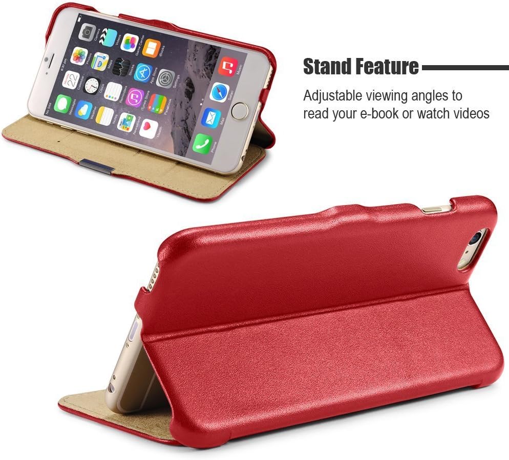 iPhone 6s Plus Case, Benuo [Luxury Series] [Stand Feature] Folio Case Flip Cover, Genuine Leather Case [1 Card Slot] with Magnetic Closure for iPhone 6 Plus/iPhone 6s Plus 5.5 inch (Bright Red)