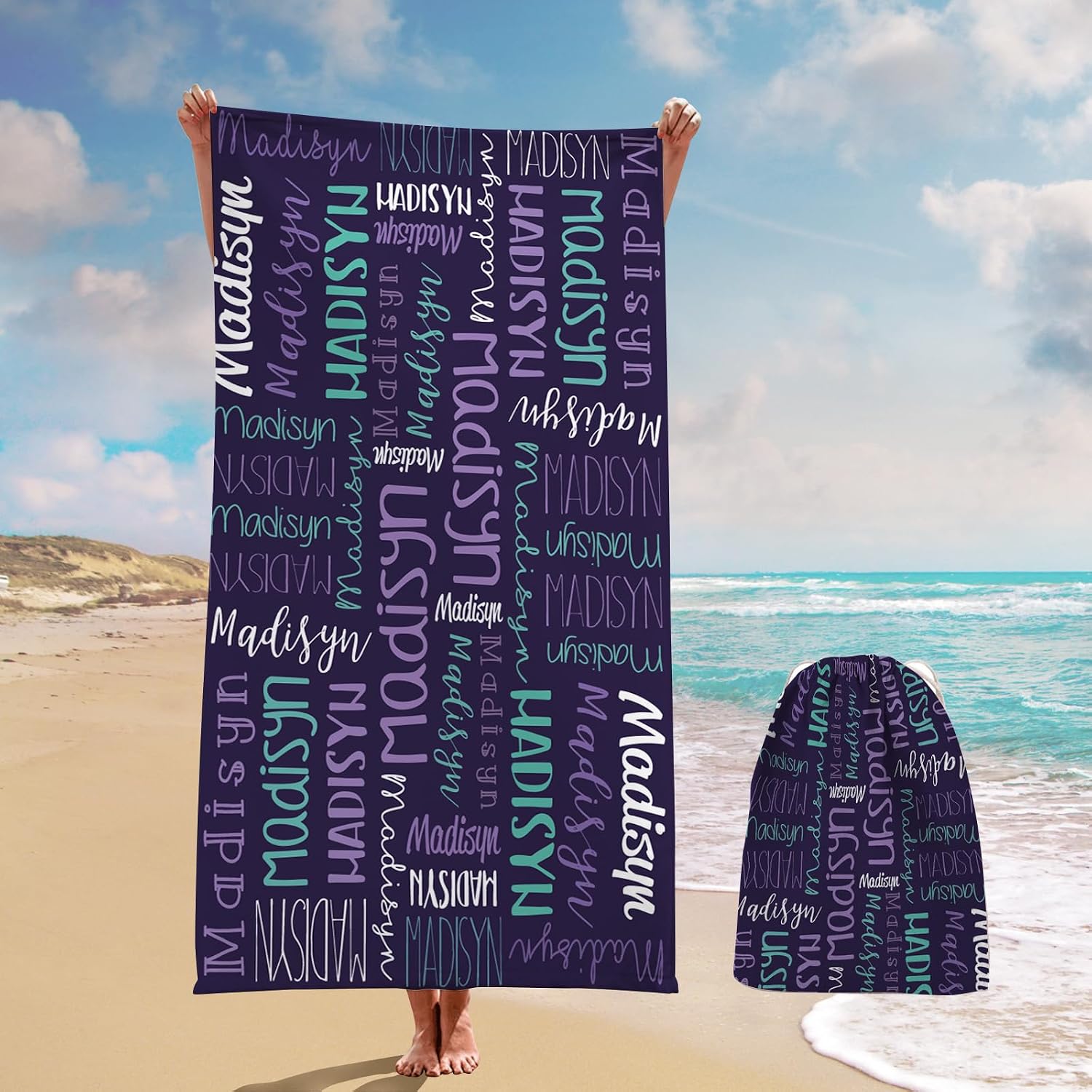 Personalized Beach Towel with Bag - Custom Oversized Soft Lightweight Absorbent Microfiber Bath Pool Towels with Multi-Fonts Name Design for Baby Kids Adults Boys Girls Gifts Color14