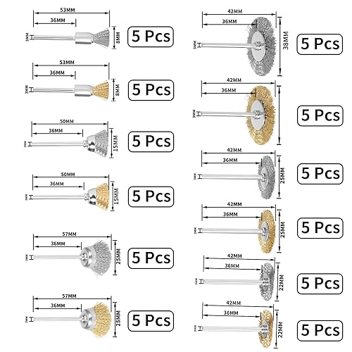 Miniatura 2 de Juego de 60 piezas de latón de acero para pulir alambre cepillo de alambre de rueda de 18 "(3 mm) vástago para herramientas rotativas Dremel