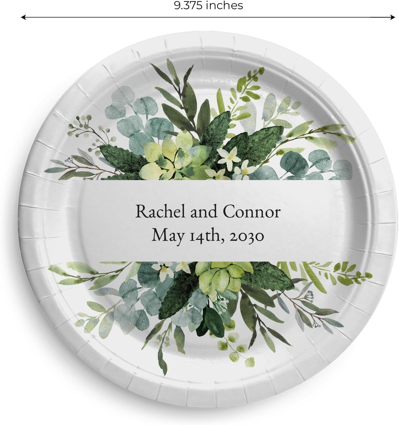 Personalized Lush Greenery Dinner Paper Plates / 24 Round All Occasion Wedding Anniversary Botanical Eucalyptus DIY Meal Plates / 9 3/8" Diameter Custom Name Appetizer Plate Pack / Made In The USA