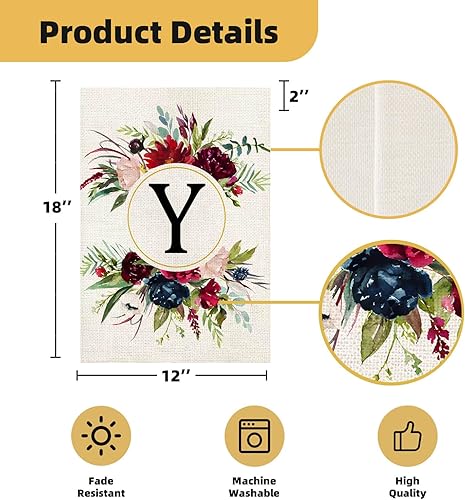 Miniatura 3 de Banderas de jardín con monograma con letra Y, bandera de jardín de verano de 12 x 18 pulgadas, banderas florales de doble cara para patio, bandera