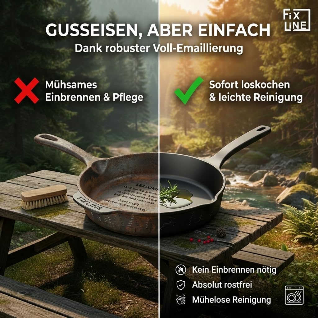 FIXLINE® Gusseisenpfanne in BLACK FOREST Edition 28cm - ORIGINAL - Induktion - Alle Herdarten inkl. Induktion - Emailliert - Kein Einbrennen nötig - Inklusive Rezeptbuch - Perfekte Geschenkidee