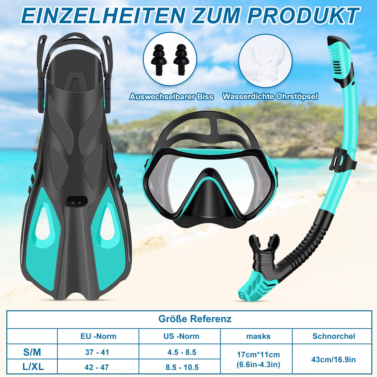 IEEILULU Schnorchelset Erwachsene mit Flossen, Schnorchelmaske Set mit Antibeschlag Taucherbrille,180° Panorama Glaslinse, Verstellbaren Flossen & Tragetasche für Schnorcheln Tauchen