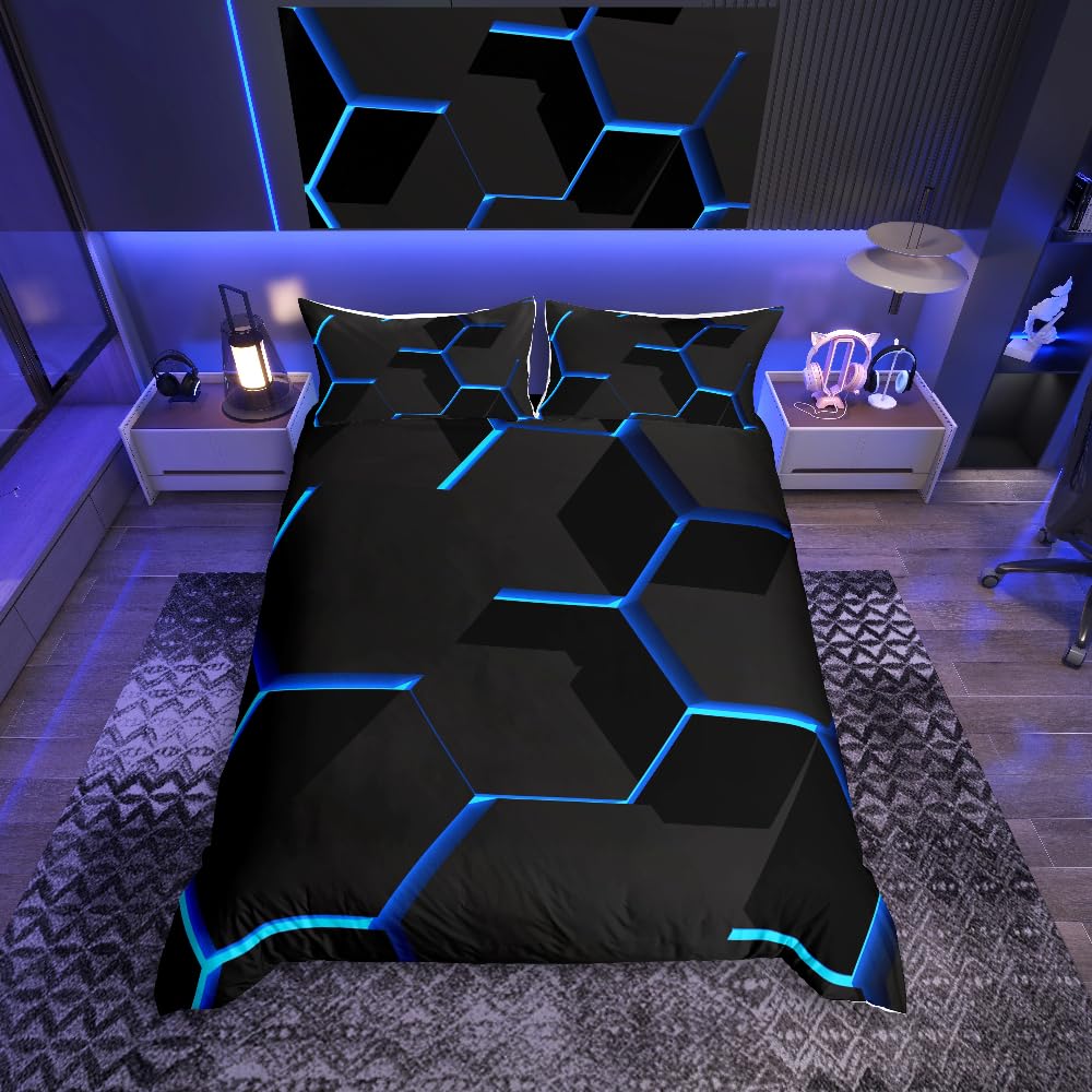 Homemissing Blue Honeycomb Duvet Cover Geometric Honeycomb Comforter Cover Hexagon Bedding Set Honeycomb Bedspread Cover Simplistic Decor King Size Bedclothes Zipper