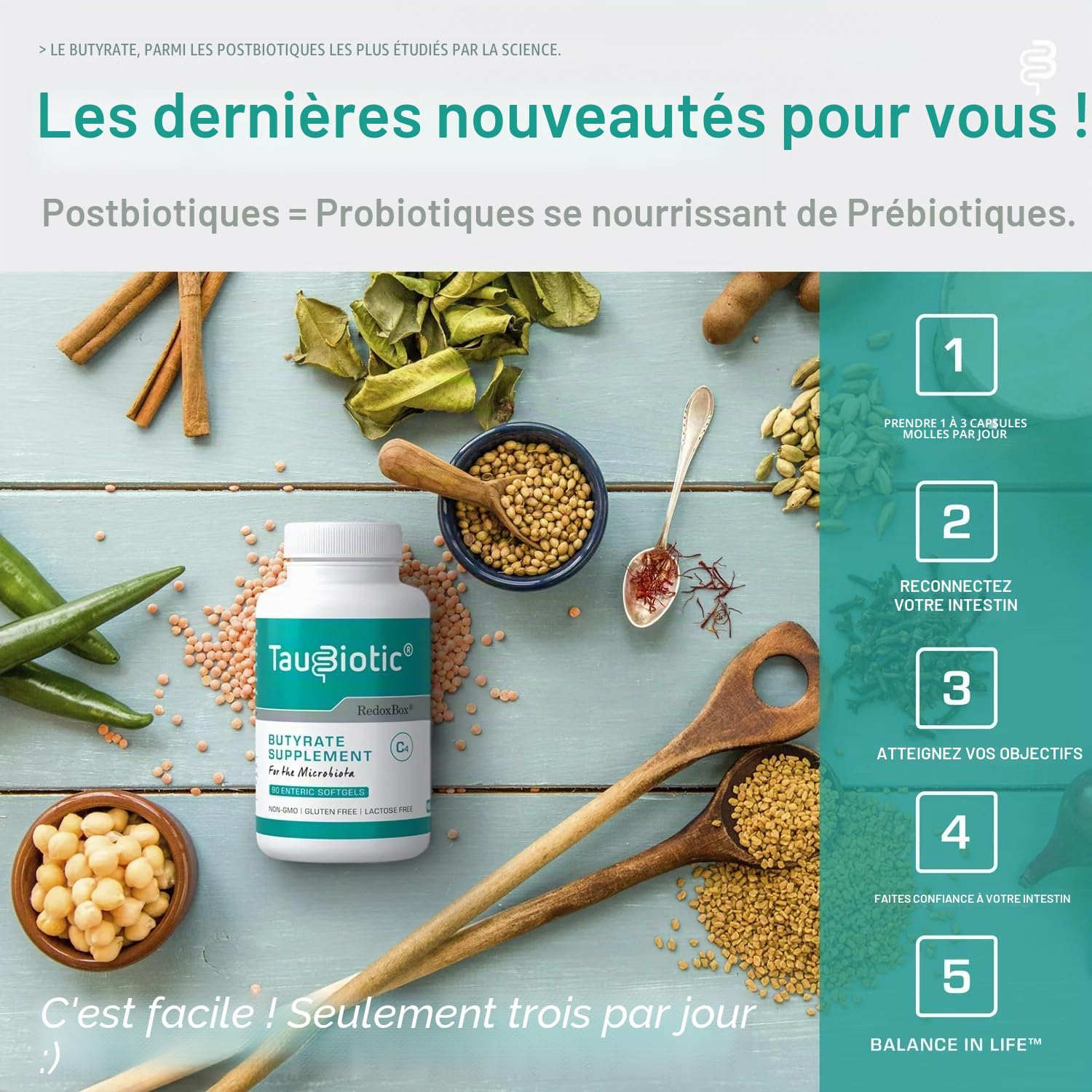 TauBiotic® de RedoxBox® - Butyrate (Tributyrine 500 mg) pour Microbiote Complément Alimentaire - 90 Capsules Entériques