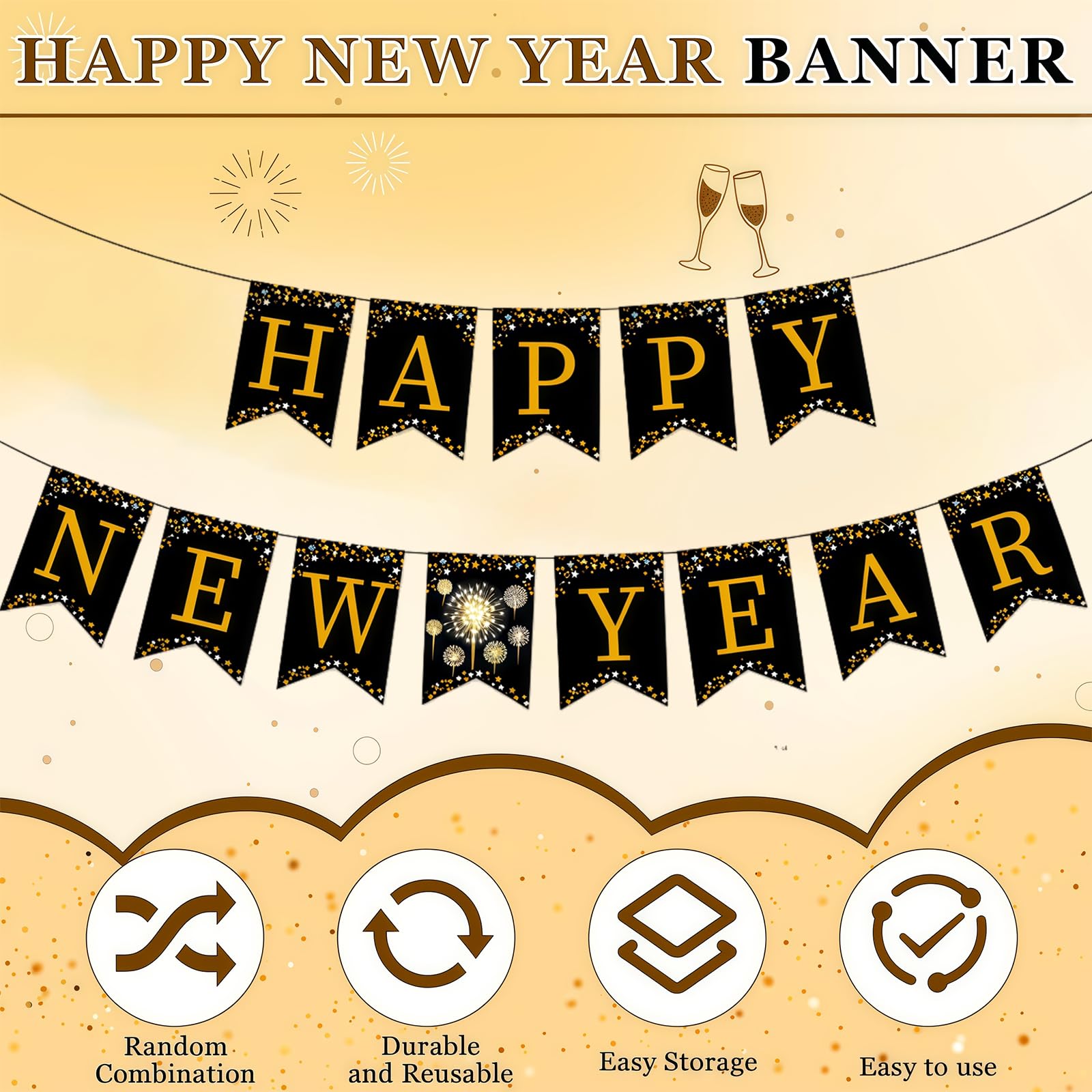 Happy New Year Banner, Black Bunting with Gold Alphabet for New Years Eve Decorations 2026, Colour - Image 3