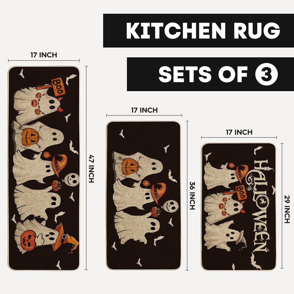 Artoid Mode Ghost Pumpkin Bat Black Halloween Kitchen Mats Set of 3, Black Home Decor Low-Profile Kitchen Rugs for Floor - 17"x29"+17"x36"+17"x47"
