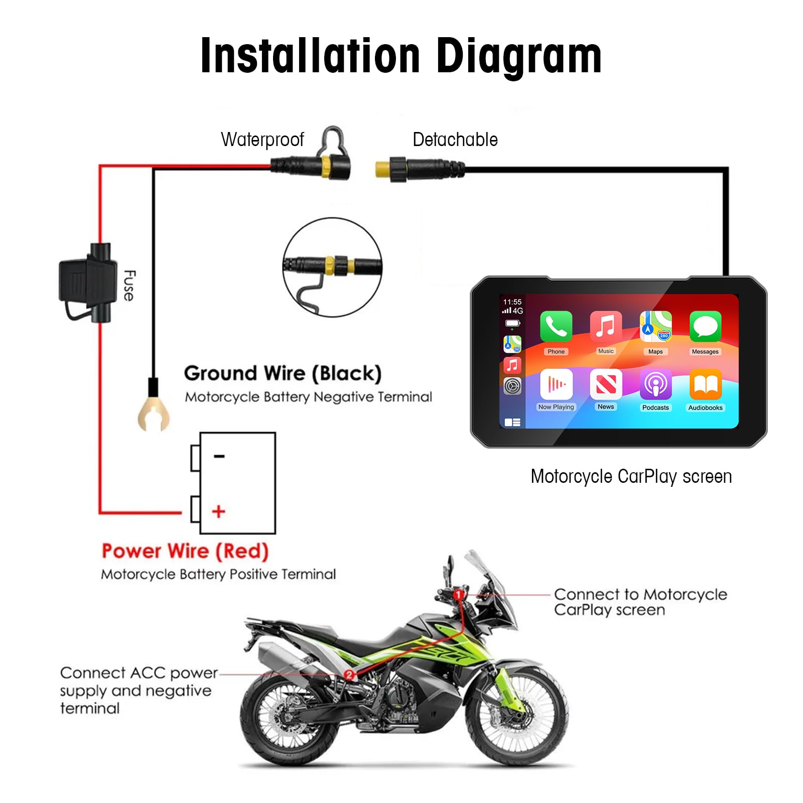 LEXXSON 5 Zoll Motorrad Carplay Display, Wireless Carplay & Android Auto, IP67 wasserdichtes GPS-Navigationsgerät, HD-Touchscreen, schneller Start, Audio- und Videotrennung für Motorräder