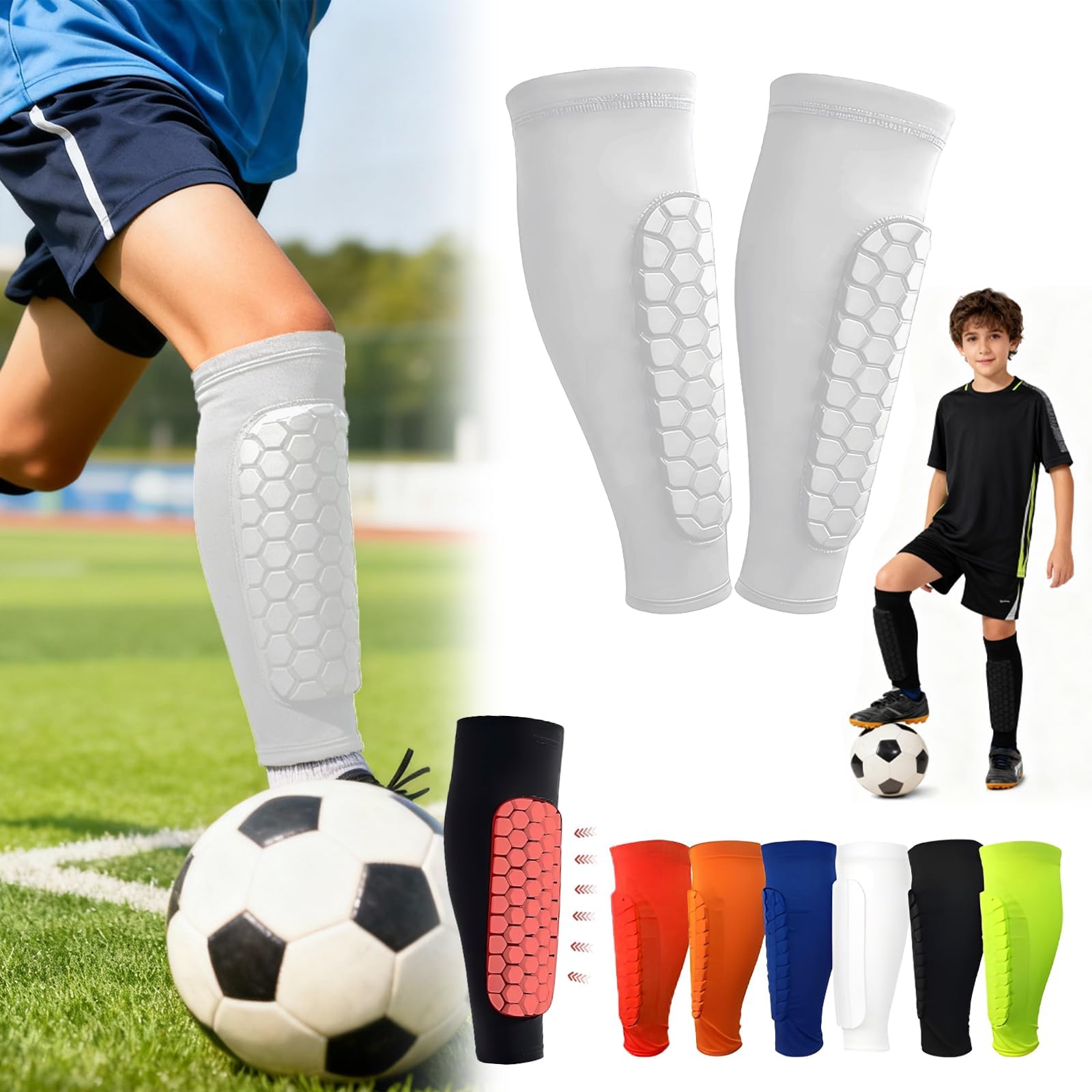 Football Shin Pads Guards for Boys Girls, Shin Guards for Defender Honeycomb Compression Sleeve for Superior Impact Absorption, Elastic Breathable Knit, Lightweight Comfortable Fit Soccer (White, XL)