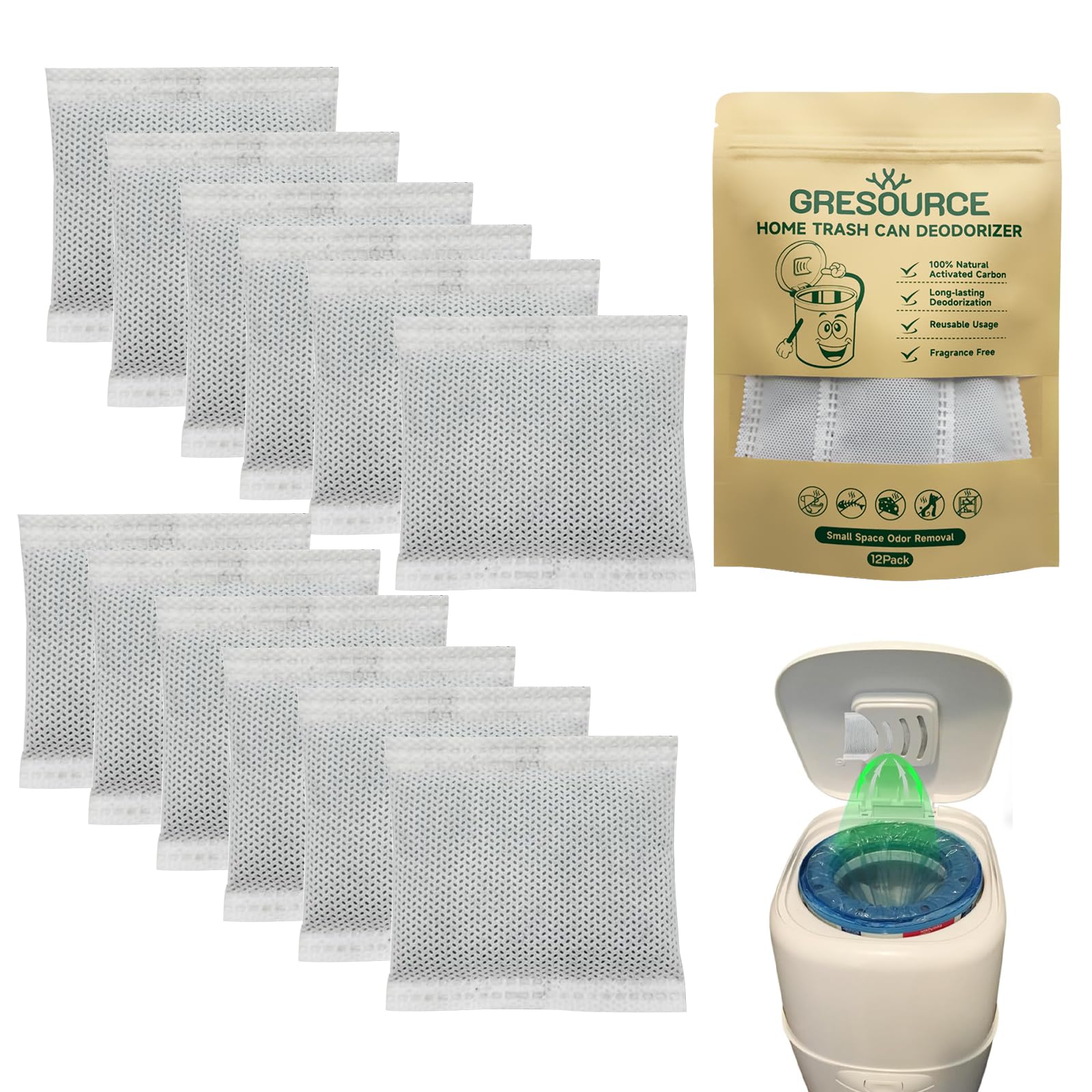 Gresource 12 Pack Diaper Pail Carbon Refill Filters–Premium Charcoal Odor Absorbers Deodorizer for Playtex Diaper Genie Complete and Expressions Pail