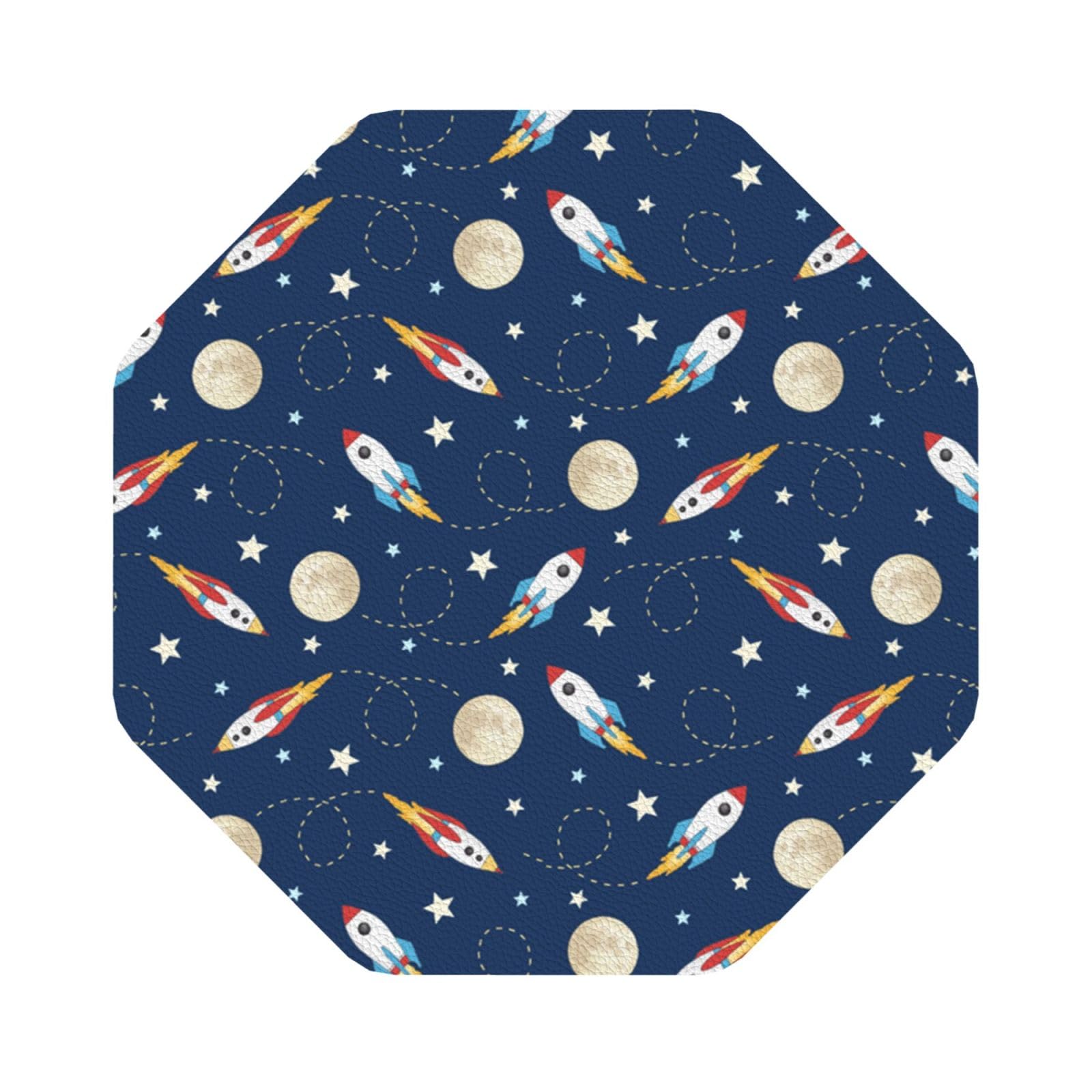 Rocket in Space PU Leather Coasters Set of 6 Octagon Drink Coasters