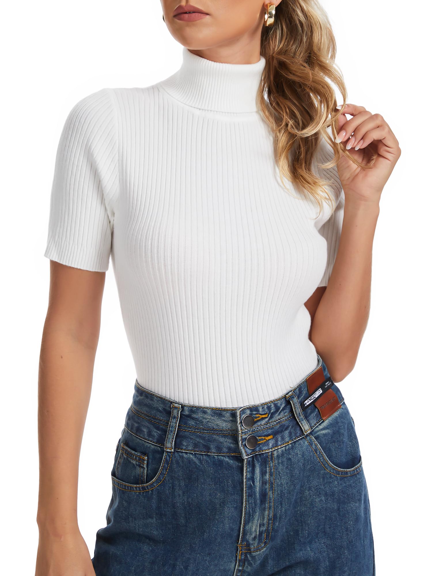 Womens Fall Short Sleeve Sweater Turtleneck Pullover Tops Winter Basic Ribbed Knit Slim Fitted Casual Shirts