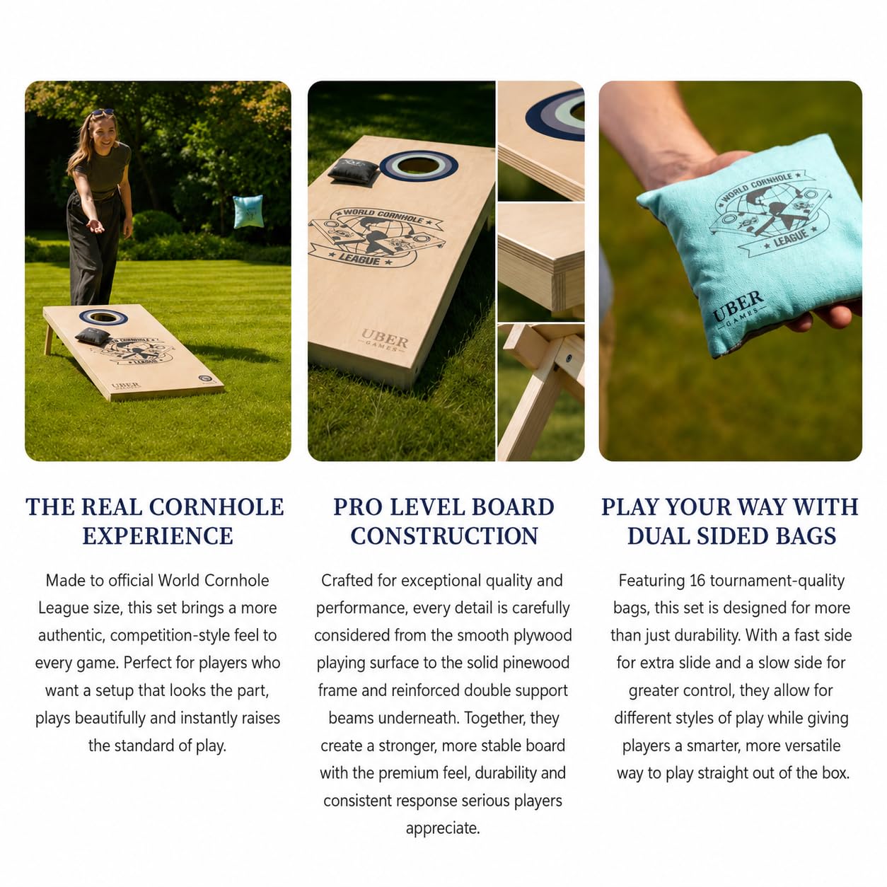 Uber Games - World Cornhole League - 120x60 cm Doppelbrett-Set & Tasche - Turnierqualität Board (4x2 ft) & 16 Cornhole Bags - Officieel Product