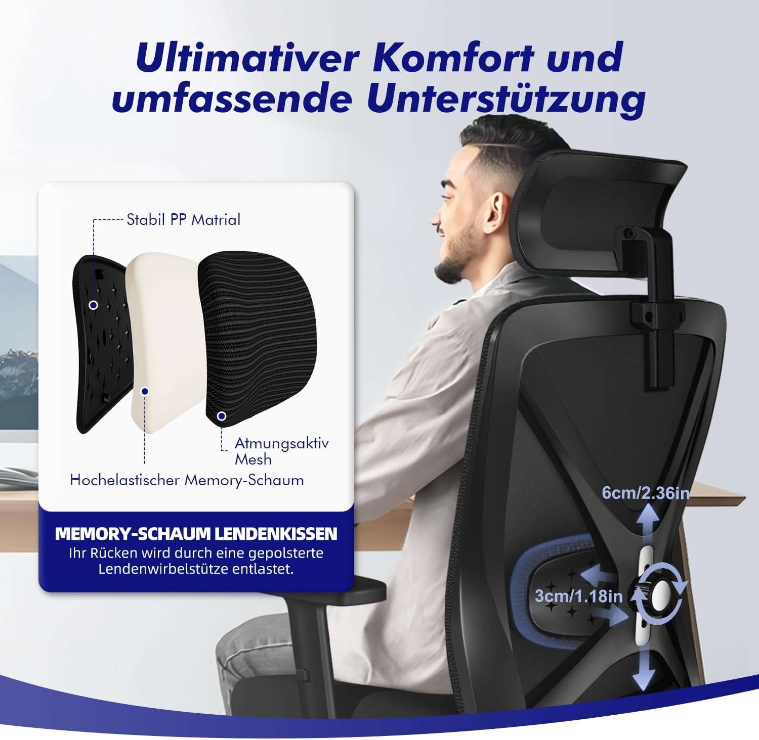 Daccormax Bürostuhl, Bürostuhl Ergonomisch Schreibtischstuhl mit Verstellbaren Armlehnen, Kopfstütze und weiche Lendenstütze aus Naturschwamm, Chefsessel Drehstuhl Wippfunktion 200kg, Schwarz