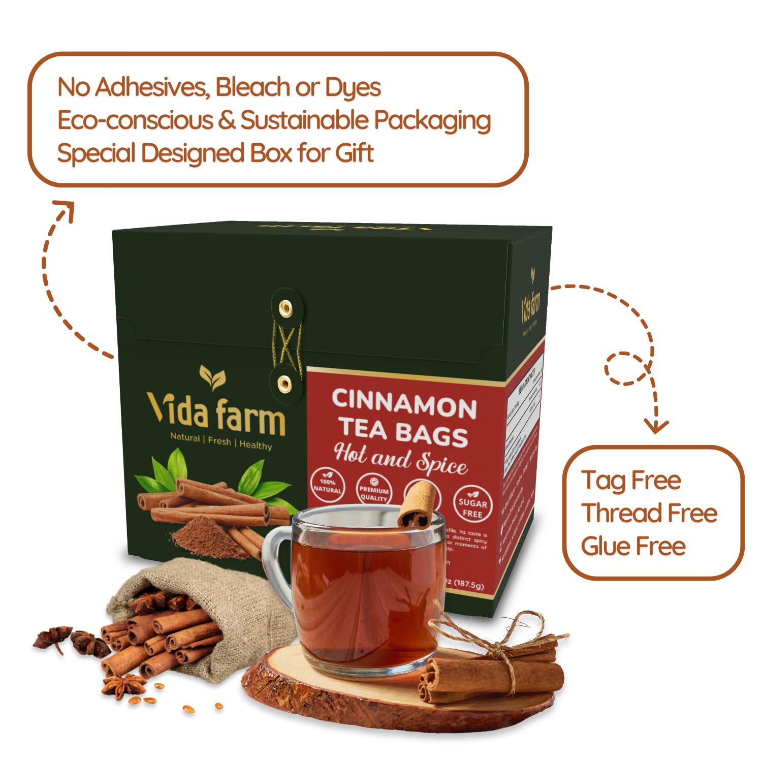 VIDA FARM 125 Cinnamon Tea Bags, 100% Natural Herbal Cinnamon Tea Bags, No Additives, No Caffeine, No Sugar - Image 5