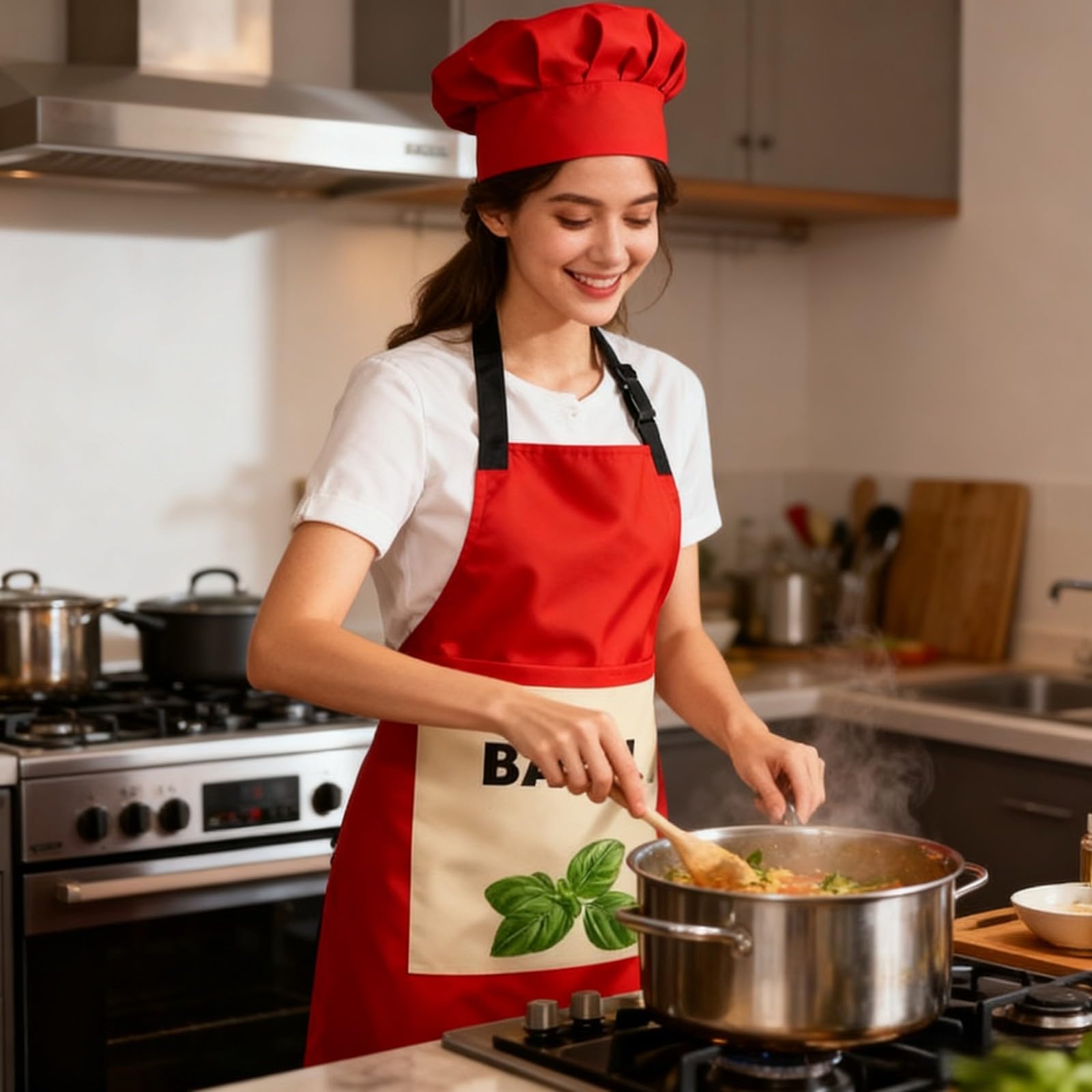 Grembiule da cucina 6 pezzi costume speziato e cappello grande gruppo grembiule rosso condimento con su di esso adatto per adulti femminili gioco di ruolo di gruppo