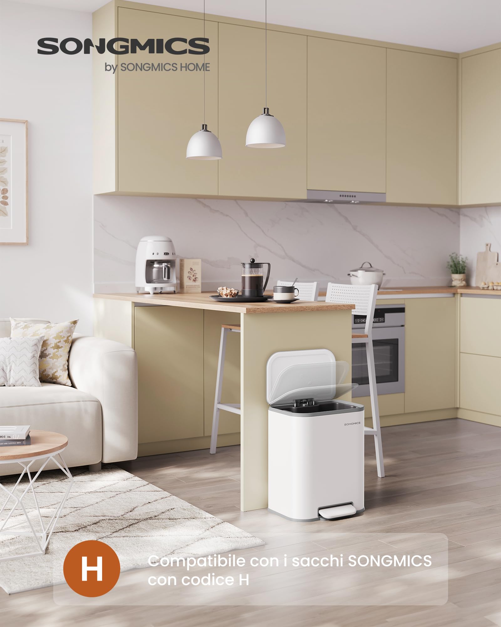 SONGMICS Pattumiera da Cucina, Cestino a Pedale da 20L, Pattumiera in Acciaio, Coperchio a Chiusura Morbida, Rimane Aperto, Secchio Interno, Ampio Pedale Antiscivolo, Bianco Nuvola LTB542W02
