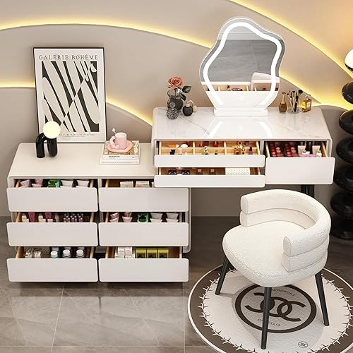 Miniatura 2 de Escritorio de tocador con luces, tocador de maquillaje con espejo, tocador con cajón grande, 3 modos de iluminación de brillo ajustable, juego de
