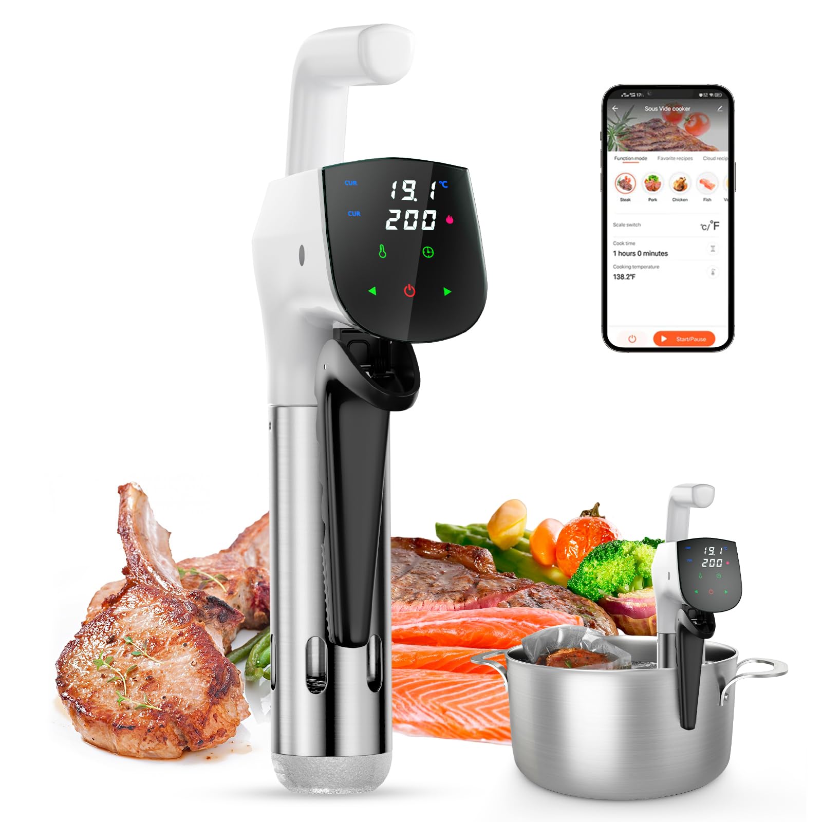 Thermoplongeur WLAN Cuiseur Sous Vide,thermoplongeur Sous Vide,Cuisson Basse Température,Contrôle Précis de la Température,Cuisson De Réservation App