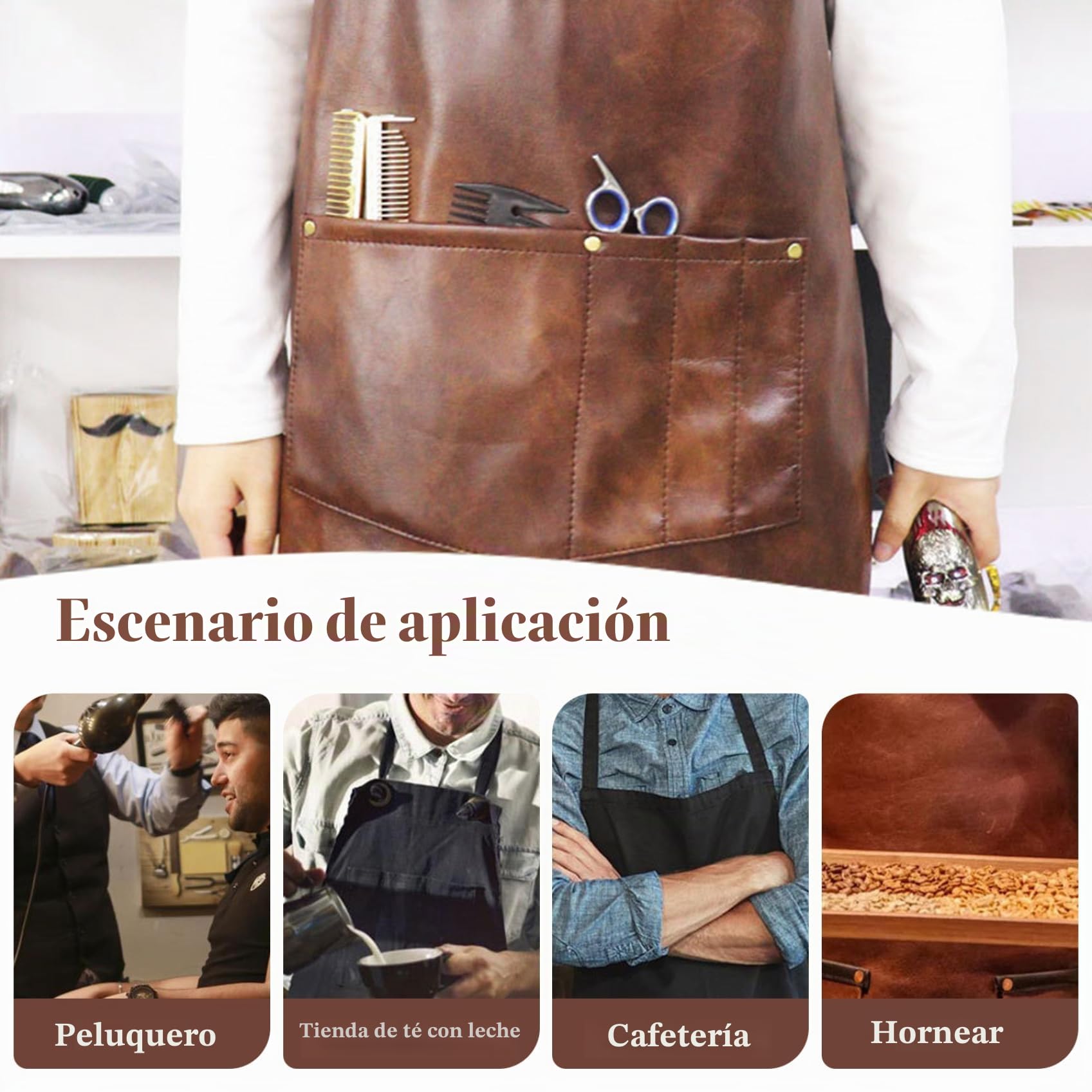Delantal de cuero con bolsillos y correas cruzadas, impermeable, ajustable, resistente al calor y a las manchas, para cocina, barbacoa, barbería, chef, delantal para hombre.