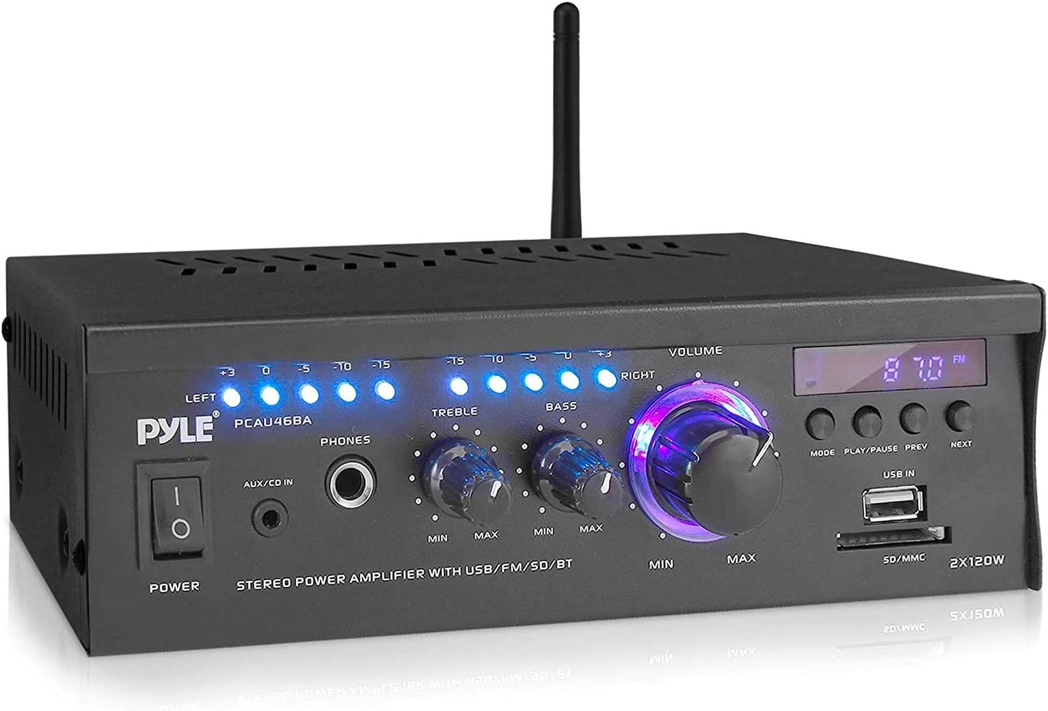 Pyle Home Power Amplifier with Bluetooth Wireless - 2 x 120 Watt Stereo Receiver w/ Blue LED Level Meter, FM Radio, USB-A Input w/ MP3 Player, SD Card In, Aux, RCA, Headphone Jack - PCAU46BA