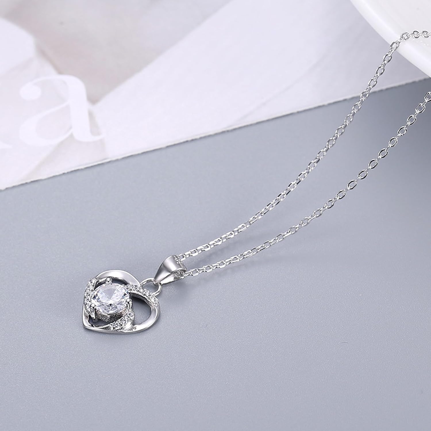 Love Heart Necklace 925 Sterling Silver Diamond Heart Pendant Necklace Classic Engagement Wedding Eternal Crystal Necklace Ladies Anniversary Romantic Birthday Gift for Her Mom Daughter Women - Image 2