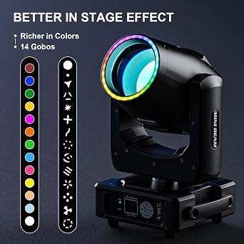 350W 7R Beam Moving Head Light with RGB LED Strip,DMX512 Control Sound Activated Prism Fog Rainbow Effect,48 Prism & 14 Gobos 14 Colors,Auto Correction for Stage DJ Concert Theater(1Pack)