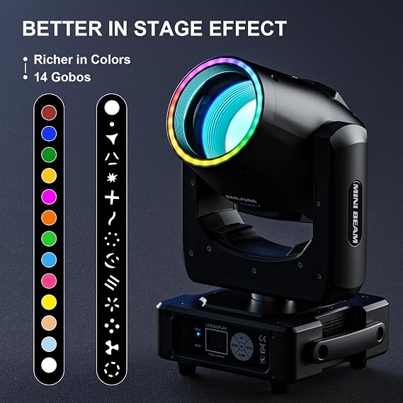 350W 7R Beam Moving Head Light with RGB LED Strip,DMX512 Control Sound Activated Prism Fog Rainbow Effect,48 Prism & 14 Gobos 14 Colors,Auto Correction for Stage DJ Concert Theater(1Pack)