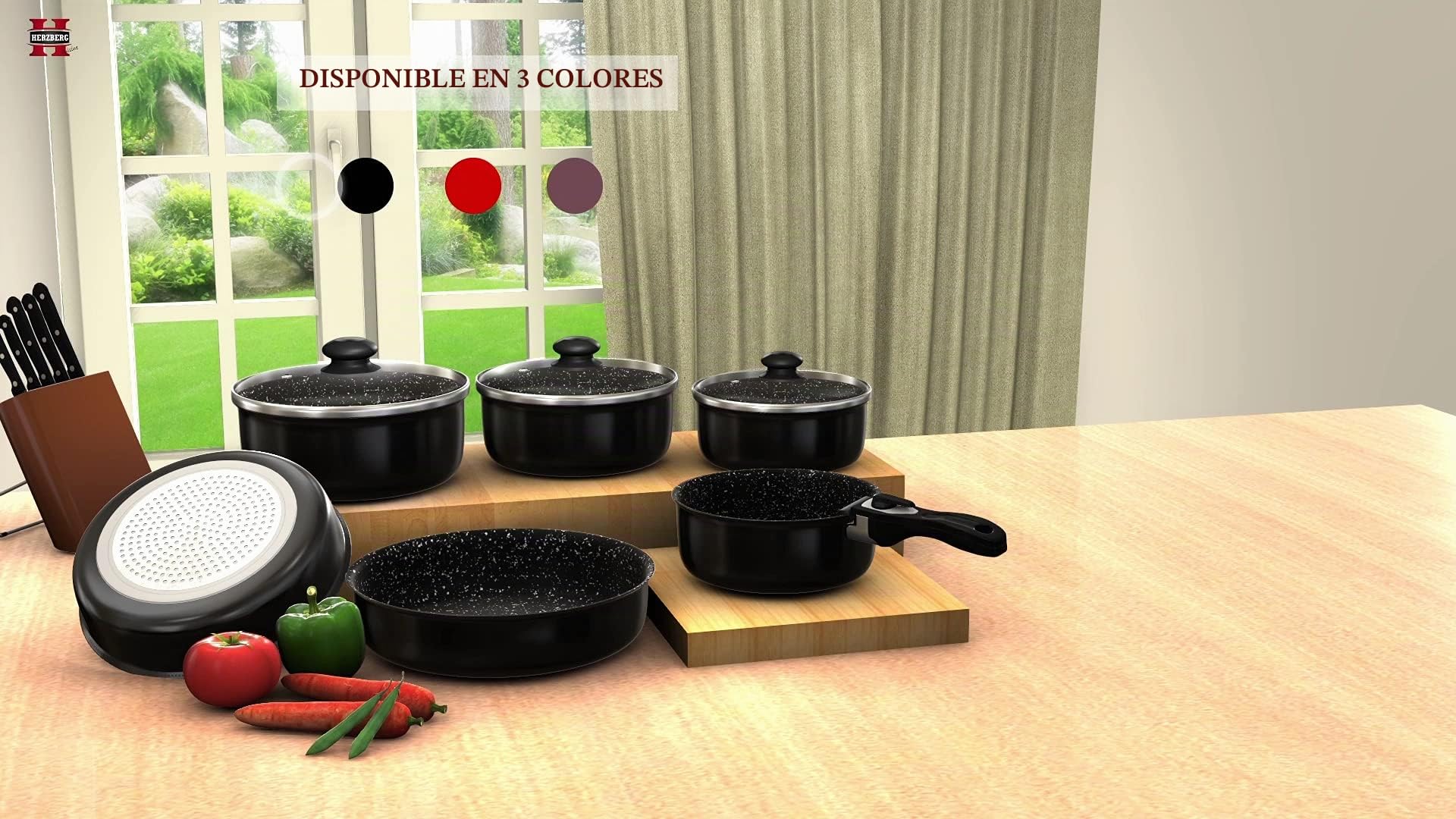 Herzberg Batería de Cocina - Batería de inducción - Juego de ollas y sartenes para todo tipo de placas - Juego de cocina con revestimiento de piedra y mango extraíble 10 piezas HG-5000 Burdeos