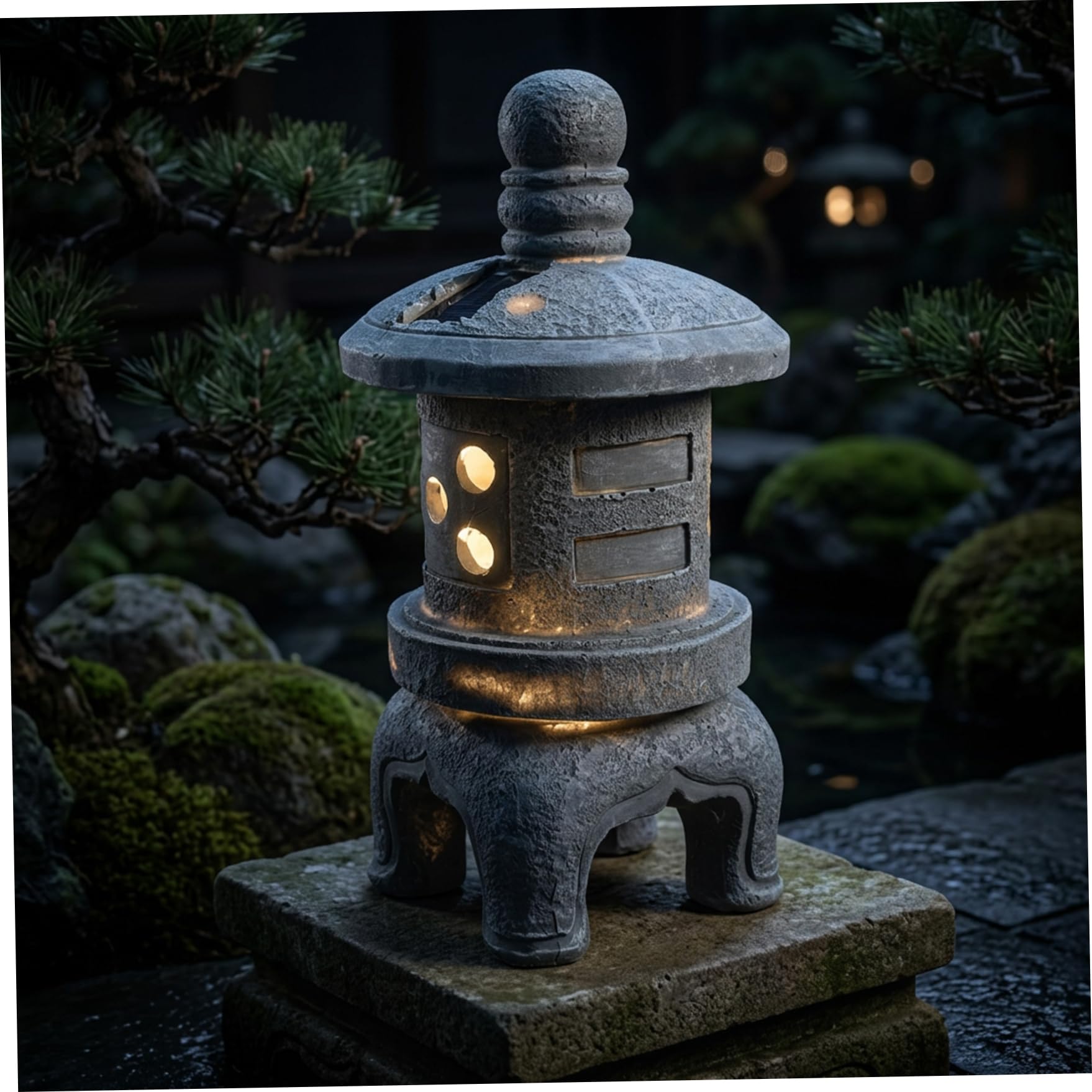 Lampada a pagoda solare per giardino, decorazione da giardino giapponese per esterni con sensore automatico, scultura a pagoda in resina con struttura in pietra per cortile