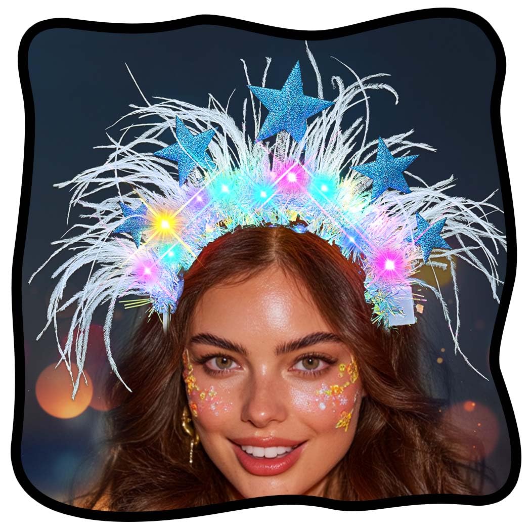 Light Up Star Headband Blue LED Feather Headpiece Glowing  display picture 2