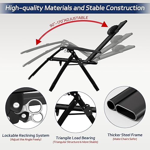 Miniatura 6 de Elevens Silla de gravedad cero de gran tamaño, silla reclinable de 28 pulgadas para patio con cojín y bandeja extraíbles, reposacabezas ajustable,