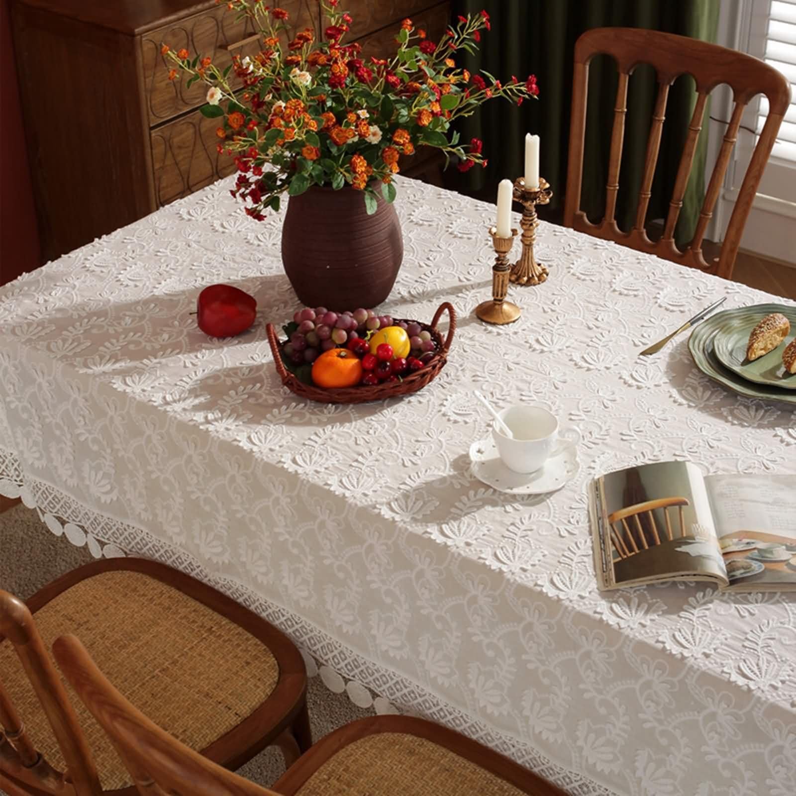 Mantel Mesa Exterior Rectangular Blanco, Bordado de Flores con Encaje, de Algodón Lavable, 150 x 180 cm, Mantel para Comedor y Cocina