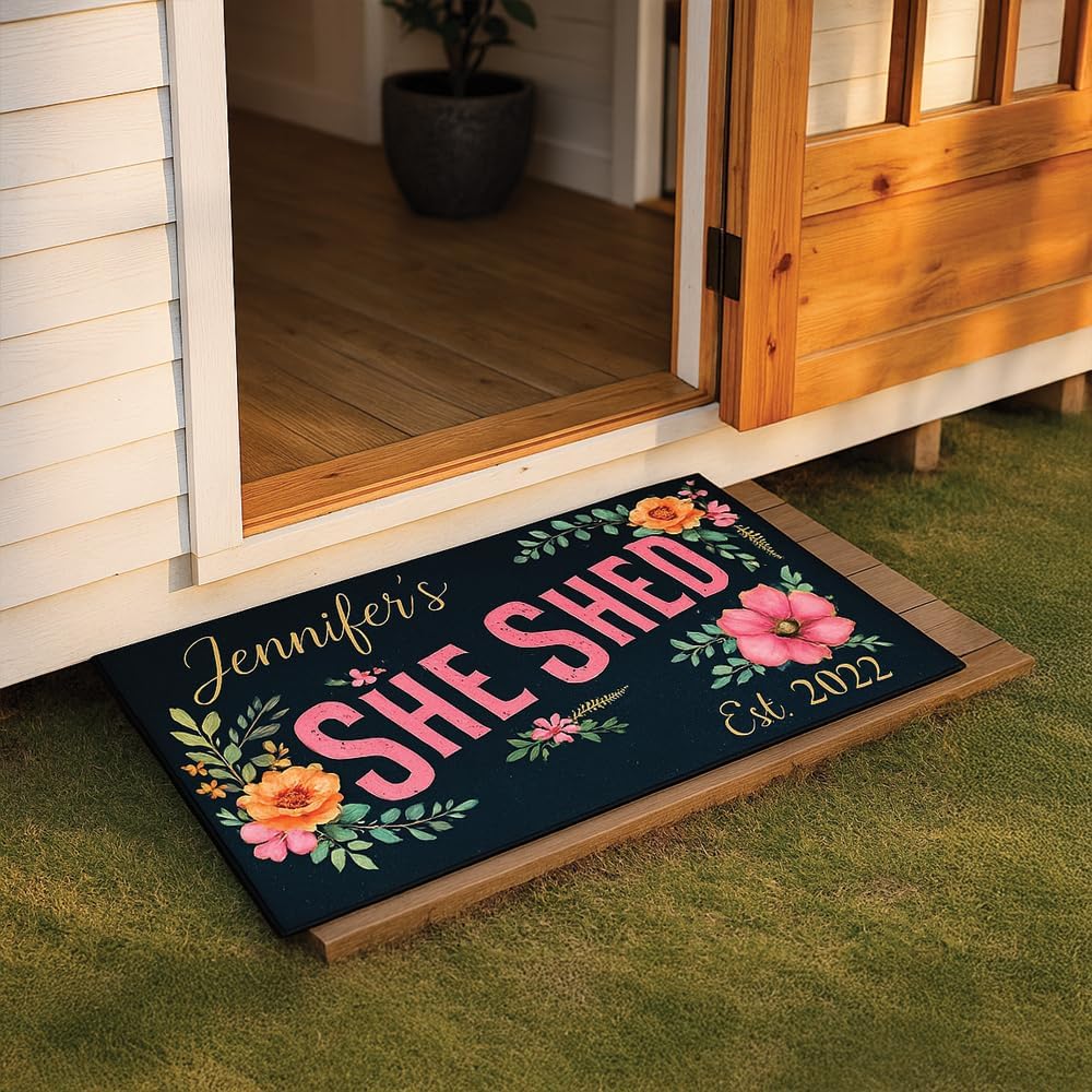 Personalized She Shed Doormats - Custom Name Gardening Door Mat, Woman's SheShed Yard Entrance Decoration, Vibrant Floral Bouquet Rug, Non-Slip Home Accent, Unique Outdoor Shed Gift, Cute Garden Decor