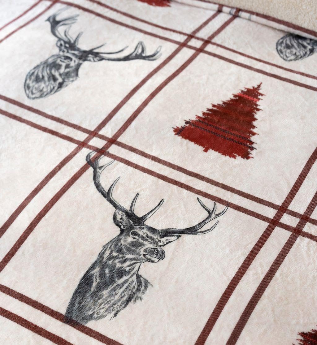 Set copripiumino singolo in pile con cervo e orsacchiotto, colore rosso, per l'inverno