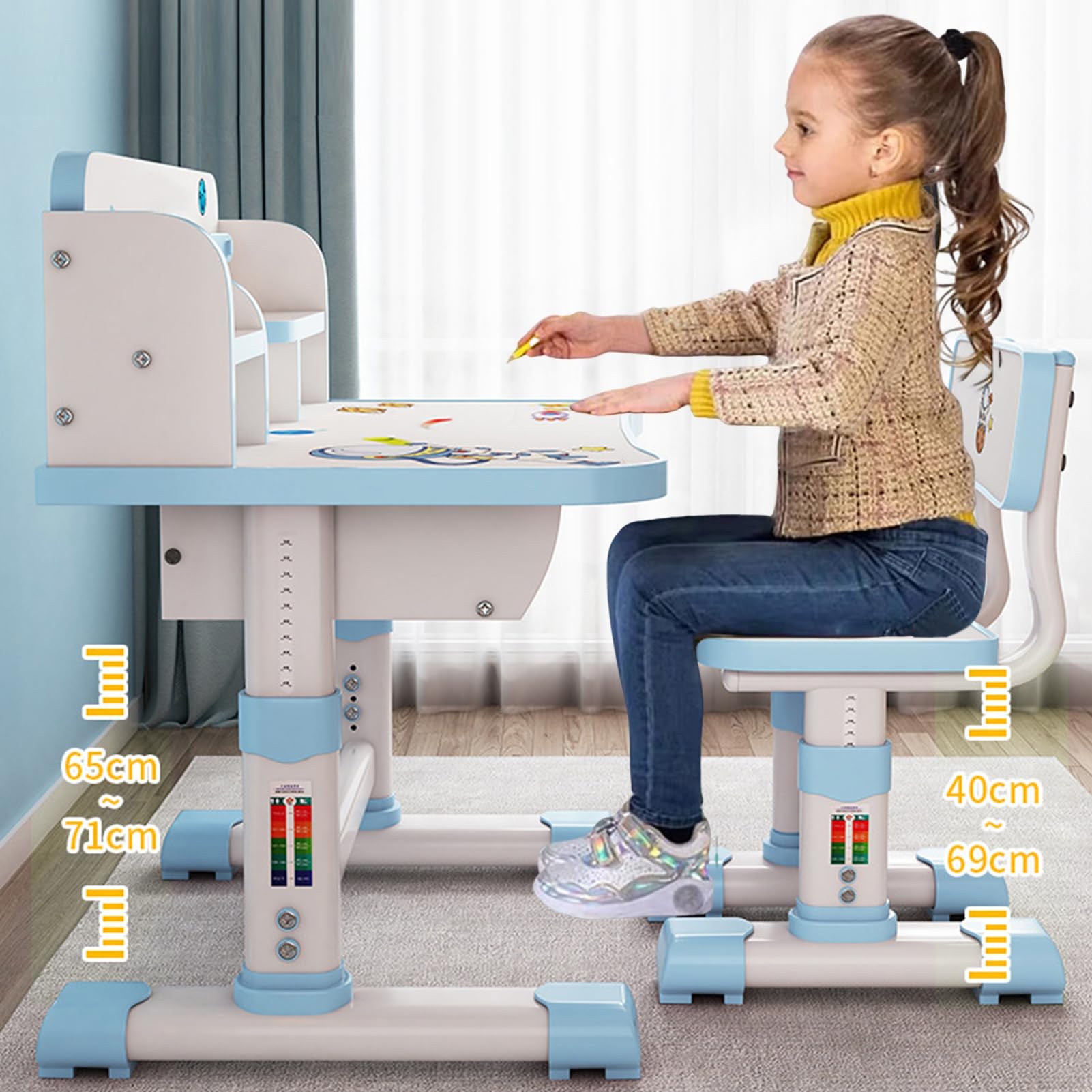 ohfruit Kindertisch und Stühle, einfache Montage, höhenverstellbar (65 bis 71 cm), Kinderschreibtisch mit großer Schreibtafel, ergonomischer Lerntisch und Stuhl-Set für Mädchen, ideal für Hausaufgaben