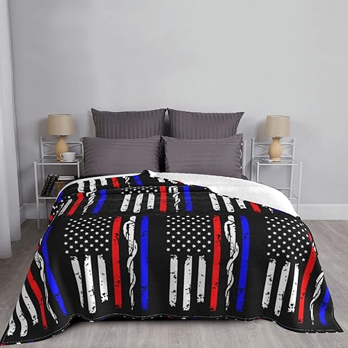 Miniatura 5 de Manta de forro polar suave compatible con la bandera estadounidense de línea roja y azul de bomberos de policía EMT, manta para todas las estaciones