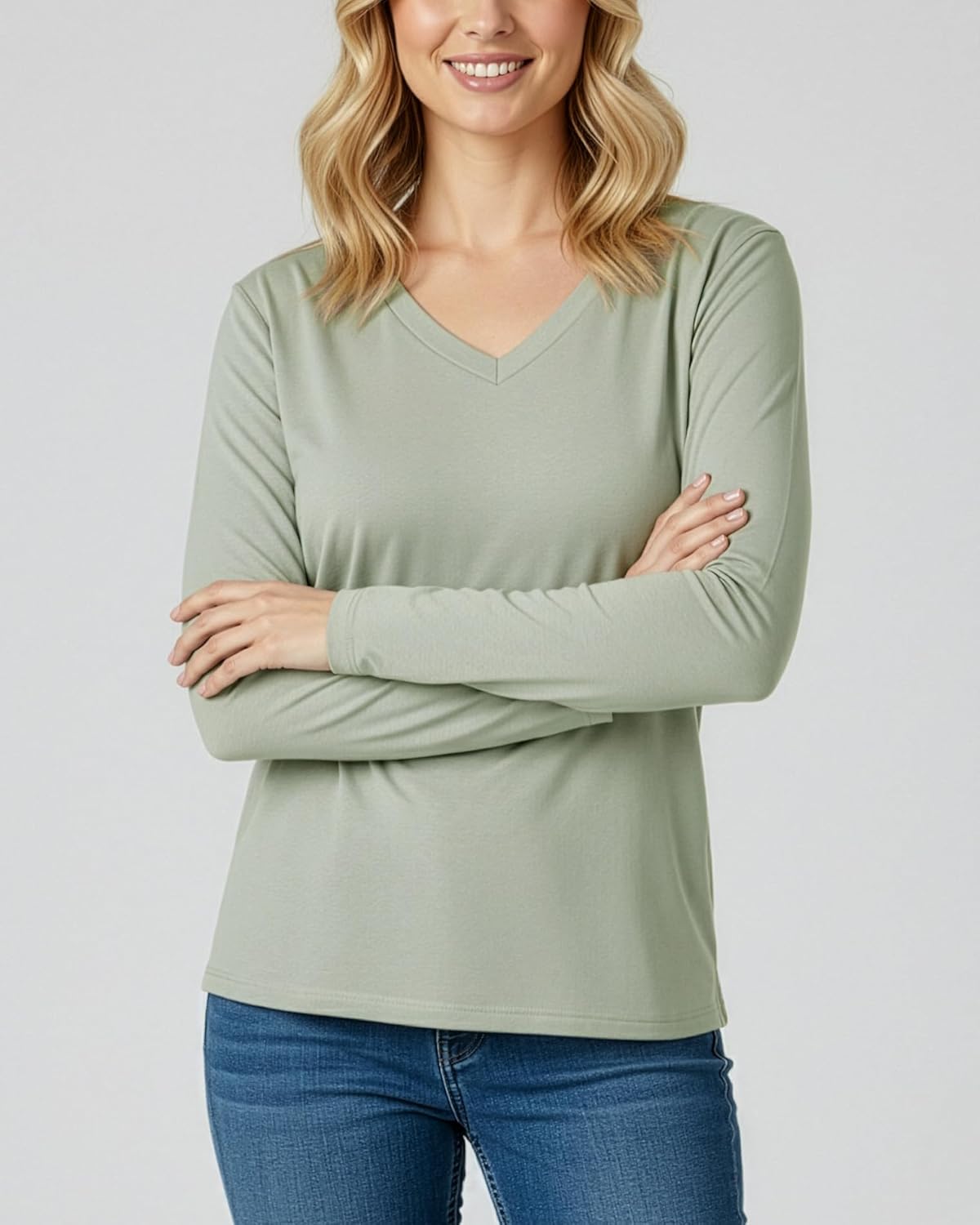 Real Essentials 4 Pack: Women's V-Neck Cotton Long-Sleeve T-Shirt (Available in Plus Size) - Image 4