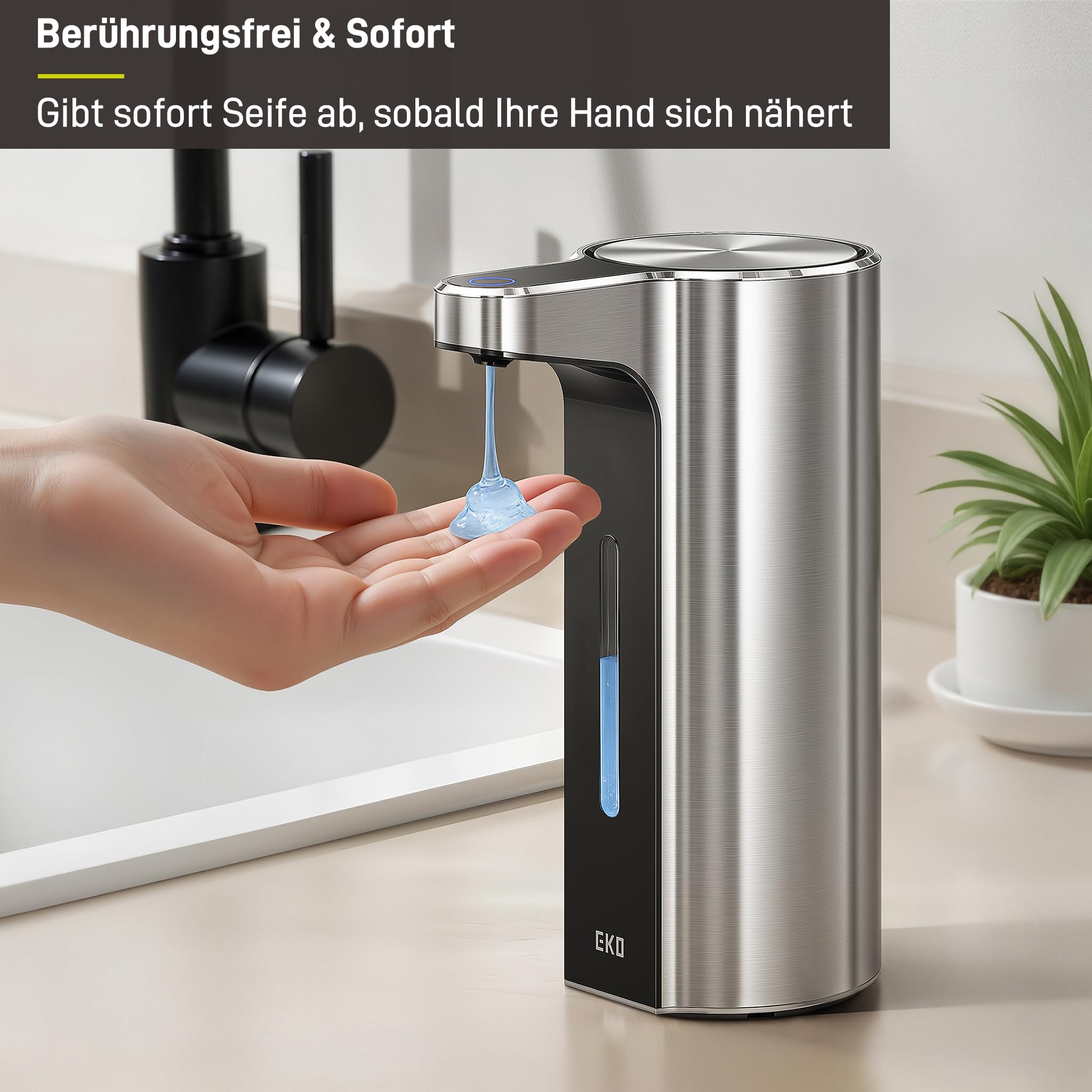 EKO Aroma Pro 400ml Seifenspender Automatisch, Variable Dosierung, magnetisch aufladbar, elektrischer Flüssigseifenspender für Bad & Küche, IPX7 wasserdicht, Edelstahloberfläche