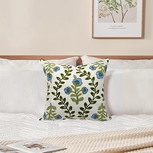 Miniatura 7 de Alysheer Funda de almohada decorativa de verano bordada floral de 18 x 18 pulgadas, diseño de casa de campo con diseño de hojas azules y hojas