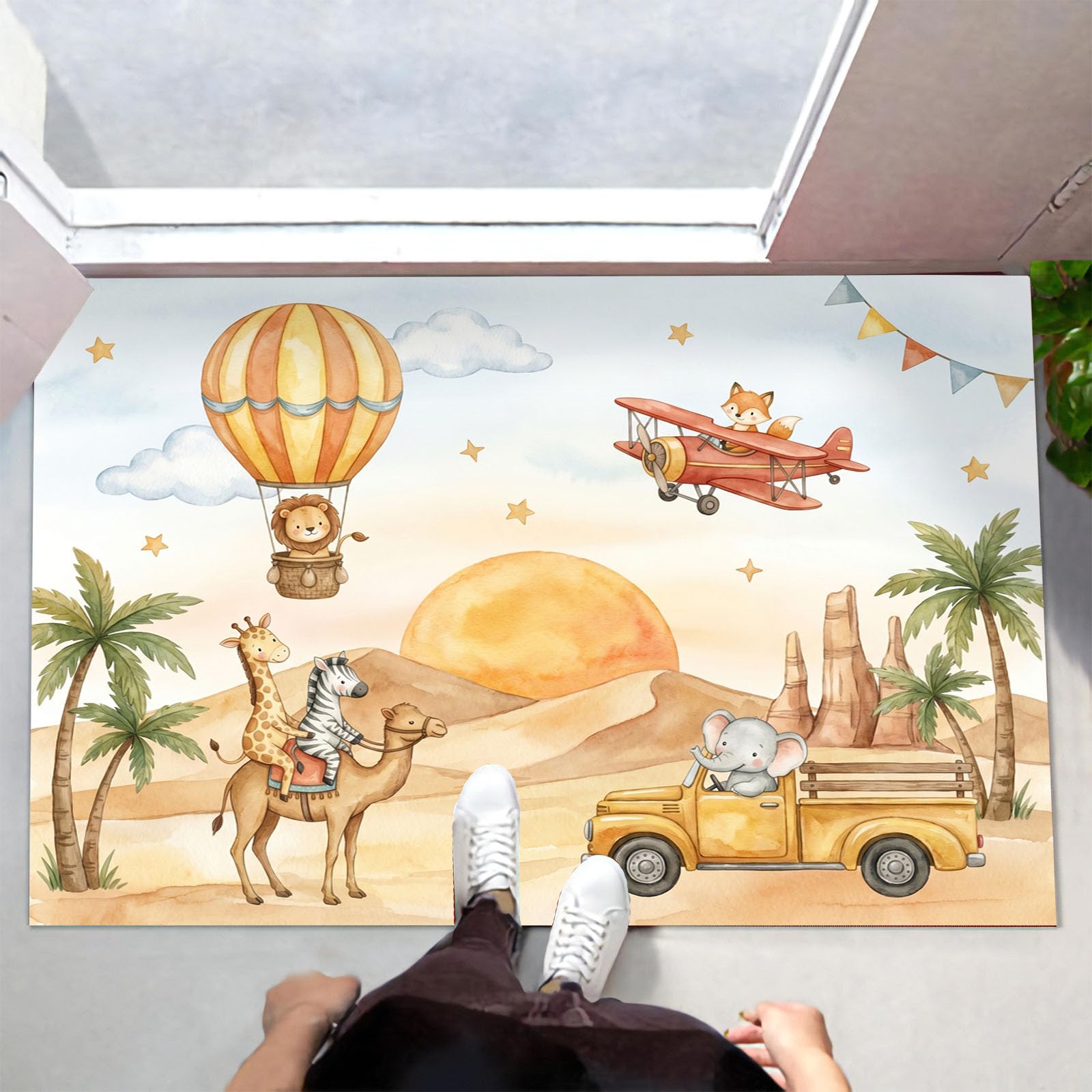 Zerbino Ingresso Interno 80X120Cm Animali Deserto Cartone Tappeto Lavabile Antiscivolo Giraffe E Cammelli Carini Passatoia Corridoio Sottile Zerbino Per Porta Di Casa Cucina Ufficio, Giallo