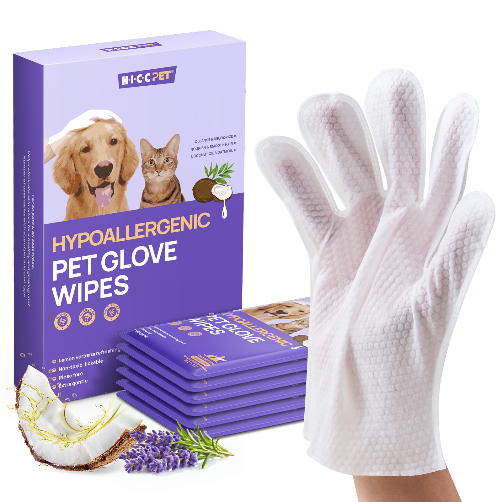 HICC PET Dog Wipes for Dogs &amp; Cats, Individual Glove Packs, 6 Count