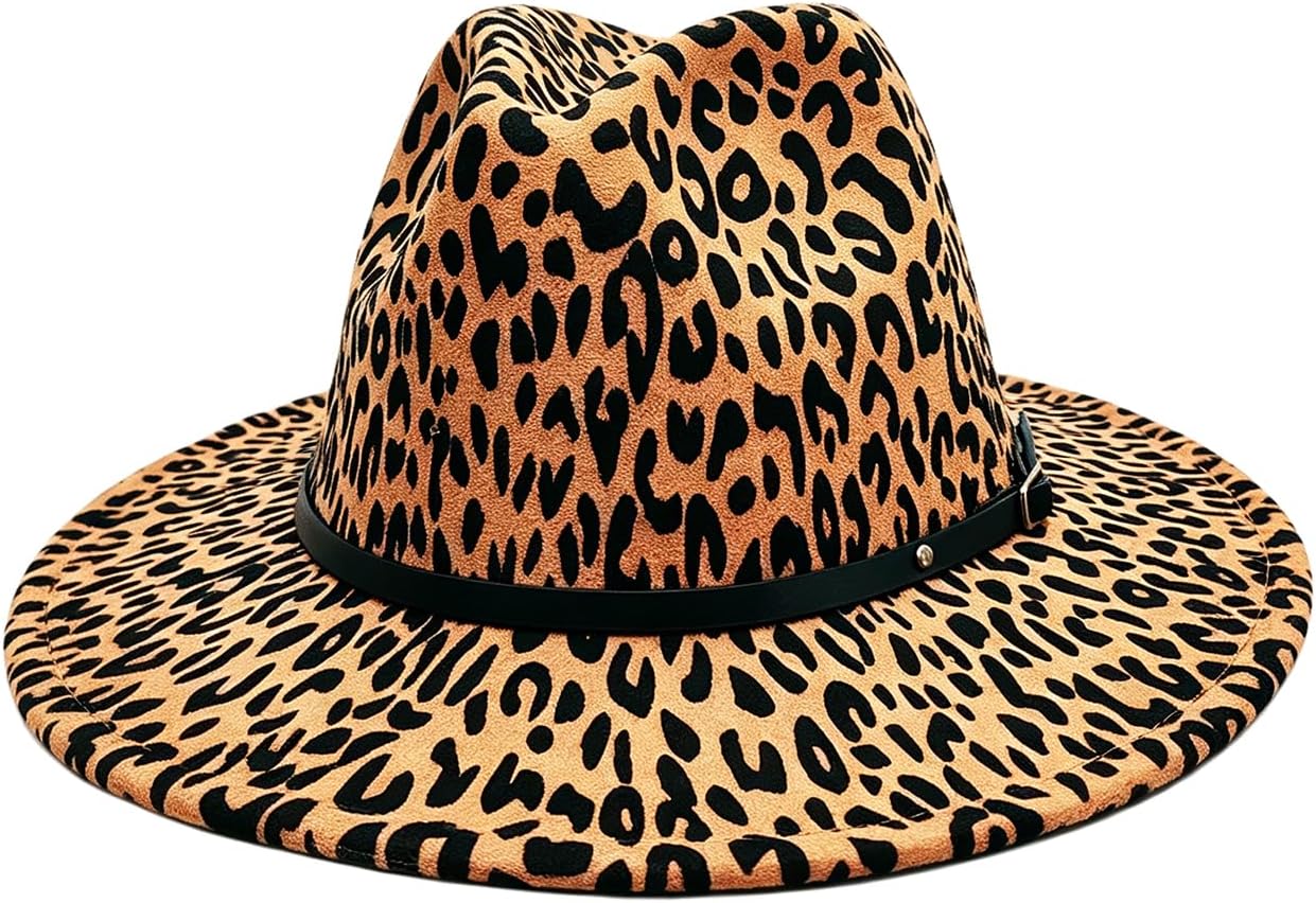 Leopard Printed Wide Brim Fedora Hat with Black Belt Buckle Classic Felt Panama Hat Western Cap for Women Men (Khaki)